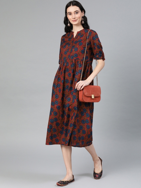 

Anouk Women Red & Navy Blue Printed A-Line Fusion Kurta with Gathered Detail