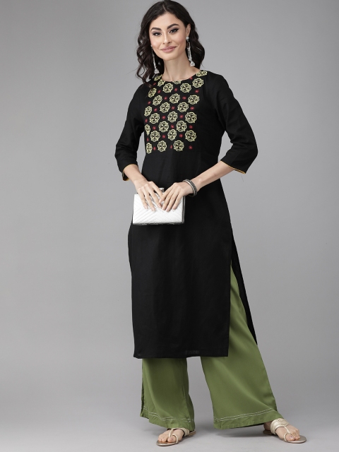 

Anouk Women Black & Mustard Yellow Yoke Design Embroidered Straight Kurta