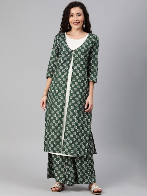 

Anouk Women Green & Off-White Printed Layered Kurta with Palazzos