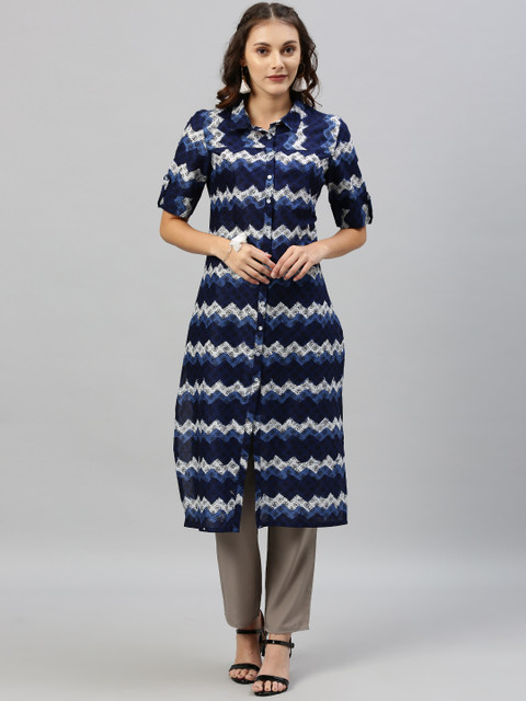 

Anouk Woman Navy Blue and White Leheria Printed Kurta