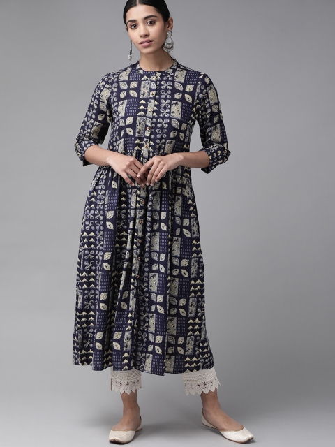 

Anouk Women Navy Blue & Beige Printed A-Line Kurta