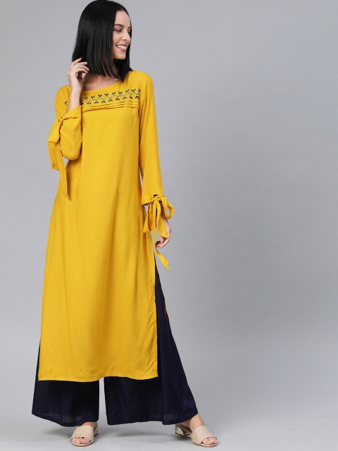 

Anouk Women Mustard Yellow Yoke Design Straight Kurta with Tie-UP Cuffs