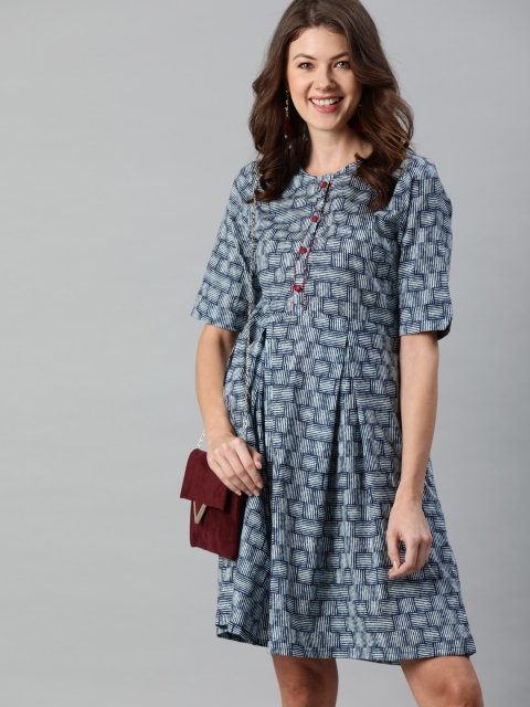 

Anouk Women Blue & White Printed A-Line Dress With Pleats