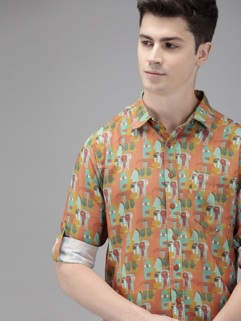 

Anouk Men Brown & Sea Green Regular Fit Printed Casual Shirt