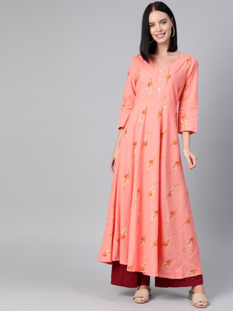 

Anouk Women Peach-Coloured & Beige Floral Printed A-Line Kurta