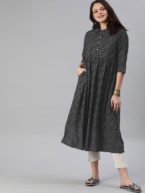 

Anouk Women Black & Grey Printed A-Line Kurta