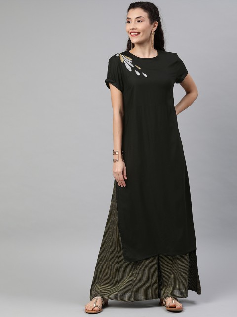 

Anouk Women Black Solid Straight Kurta with Embroidery
