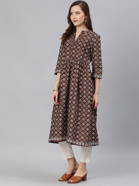 

Anouk Women Brown & White Printed Gathered A-Line Kurta