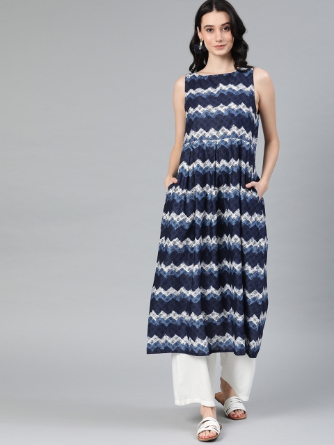 

Anouk Women Navy Blue & White Printed A-Line Kurta with Pleated Detail