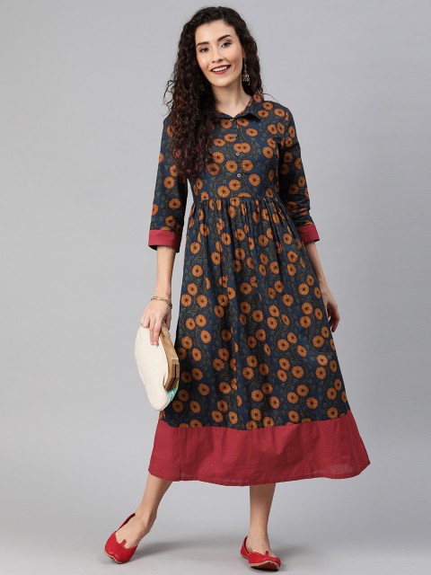 

Anouk Women Navy Blue & Orange Printed A-Line Kurta