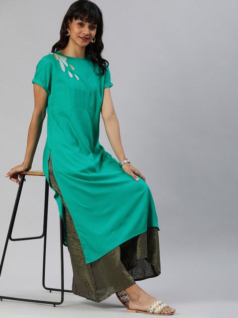 

Anouk Women Green Solid Straight Kurta With Embroidery