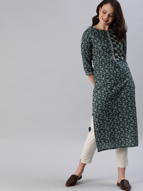 

Anouk Women Teal Green & White Printed Straight Kurta