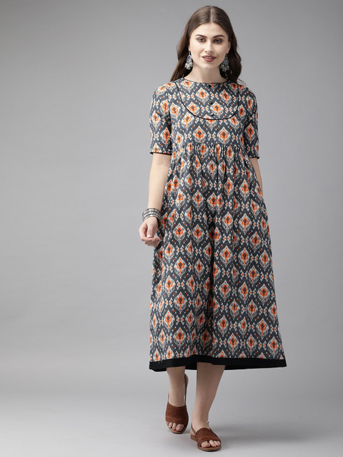 

Anouk Women Grey & Orange Printed A-Line Fusion Kurta