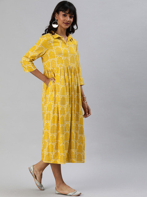 

Anouk Women Mustard Yellow & White Printed A-Line Kurta