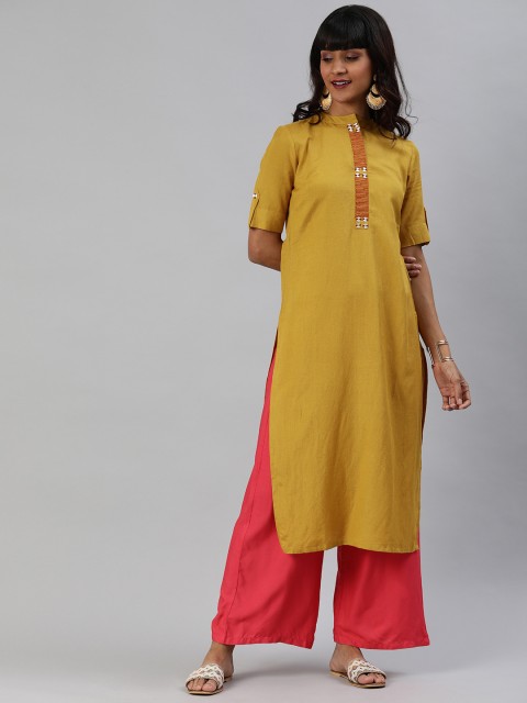 

Anouk Women Mustard Yellow Solid Straight Kurta