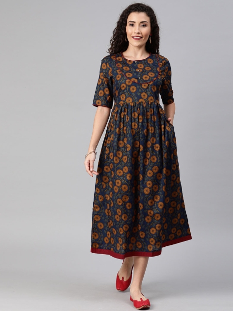

Anouk Women Navy Blue & Mustard Yellow Printed A-Line Fusion Kurta