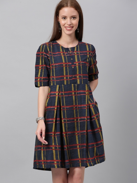 

Anouk Women Navy Blue & Red Checked A-Line Dress with Pleats