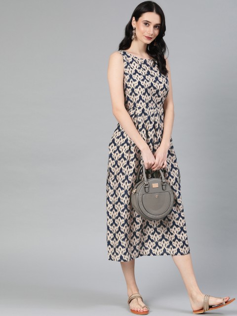 

Anouk Women Navy Blue & Beige Printed A-Line Fusion Kurta