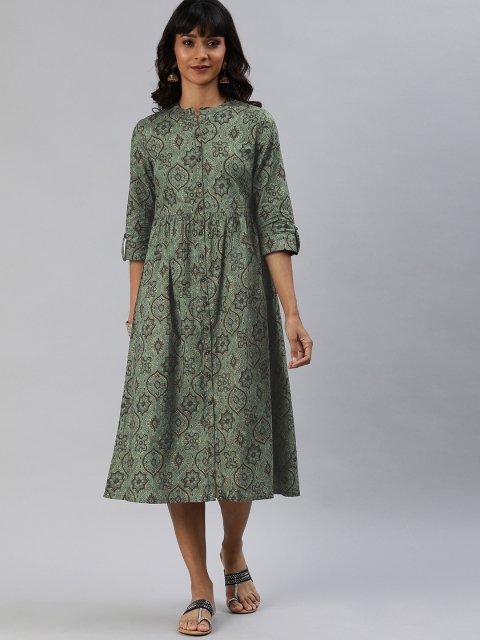 

Anouk Women Green & Brown Printed Gathered A-Line Fusion Kurta