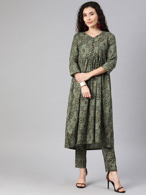 

Anouk Women Green & Coffee Brown Printed Kurta with Trousers