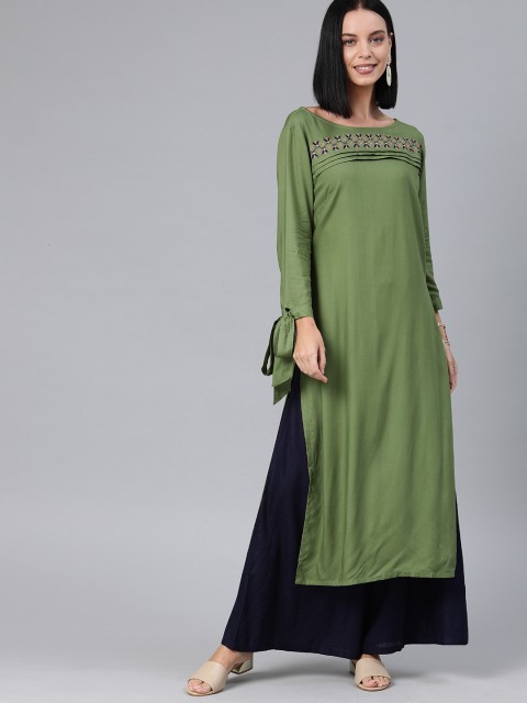 

Anouk Women Olive Green Yoke Design Straight Kurta with Tie-Up Cuffs