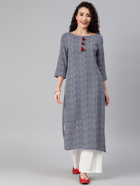 

Anouk Women Navy Blue & White Printed Straight Kurta