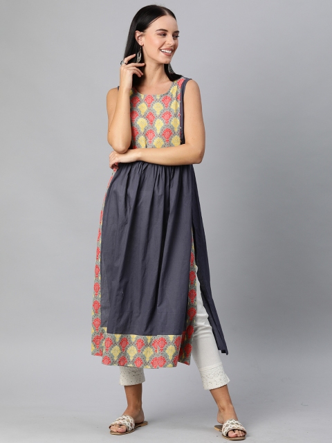 

Anouk Women Navy Blue & Yellow Yoke Design Gathered A-Line Kurta
