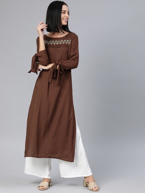 

Anouk Women Brown Yoke Design Straight Kurta with Tie-Up Cuffs