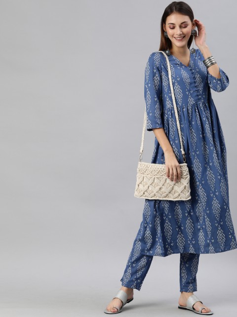 

Anouk Women Teal & Off-White Printed Kurta with Trousers