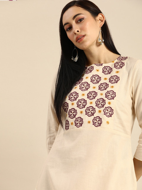 

Anouk Women Off-White & Burgundy Yoke Design Embroidered Straight Kurta