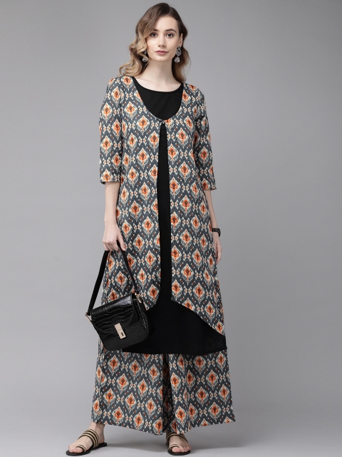 

Anouk Women Grey & Orange Printed Layered Kurta with Palazzos