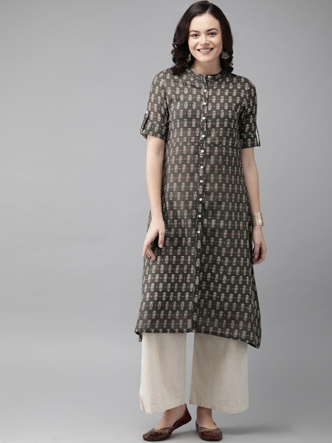 

Anouk Women Olive Brown & White Printed A-Line Kurta