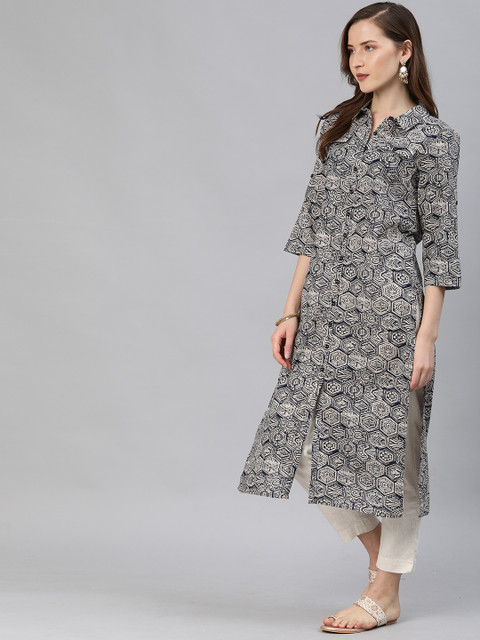 

Anouk Women Dark Blue & Off-White Printed Straight Kurta