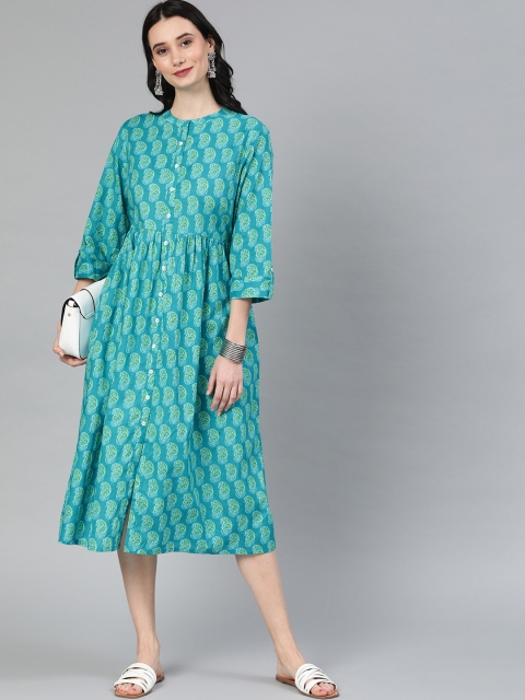 

Anouk Women Turquoise Blue & Green Printed A-Line Fusion Kurta