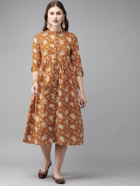 

Anouk Women Mustard Yellow & Off-White Printed A-Line Fusion Kurta