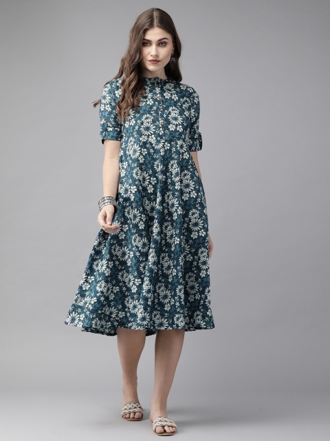 

Anouk Women Teal Blue & White Printed A-Line Fusion Kurta