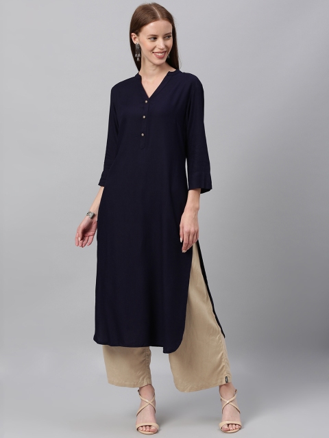 

Anouk Women Navy Blue Solid Straight Kurta With Button Detailing