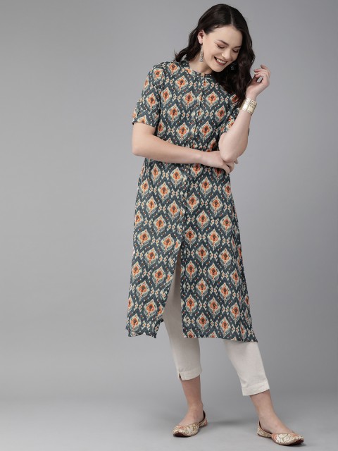

Anouk Women Grey & Orange Printed Straight Kurta