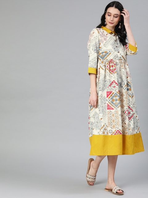 

Anouk Women Off-White & Mustard Yellow Printed A-Line Fusion Kurta