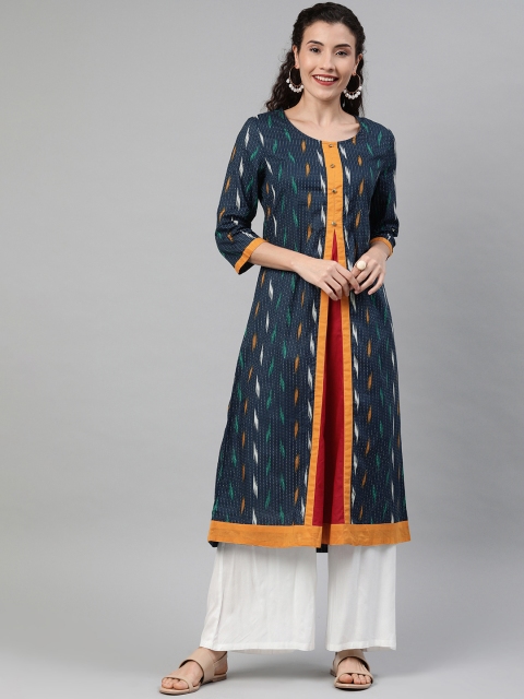 

Anouk Women Navy Blue & Mustard Yellow Striped A-Line Kurta