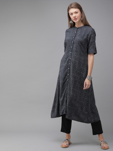 

Anouk Women Black & Blue Printed Straight Kurta