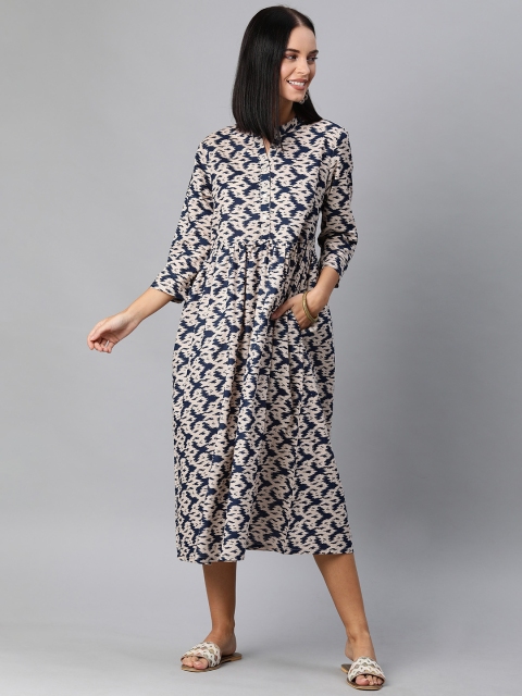 

Anouk Women Off-White & Navy Blue Printed Gathered A-Line Kurta
