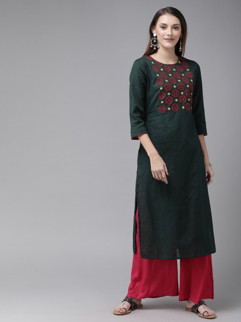 

Anouk Women Green Yoke Design Straight Kurta