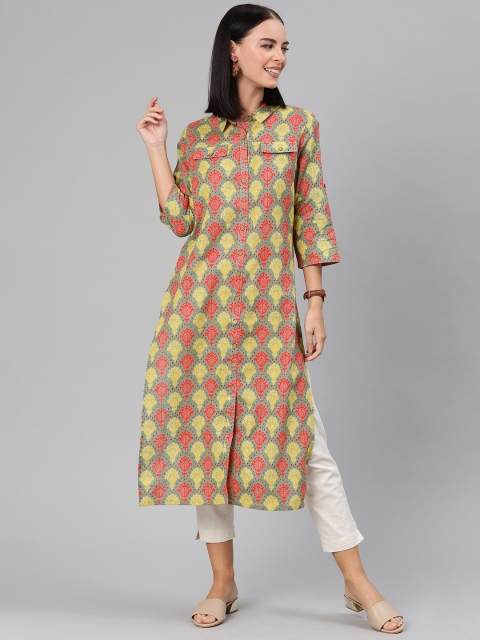 

Anouk Women Grey & Yellow Printed Straight Kurta