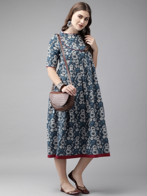 

Anouk Women Navy Blue & White Floral Print A-Line Fusion Kurta