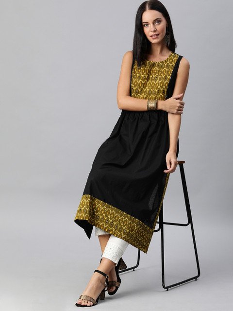 

Anouk Women Black & Mustard Yellow Yoke Design Gathered A-Line Kurta