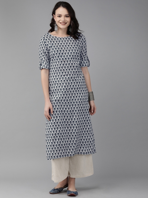 

Anouk Women Navy Blue & White Printed Straight Kurta