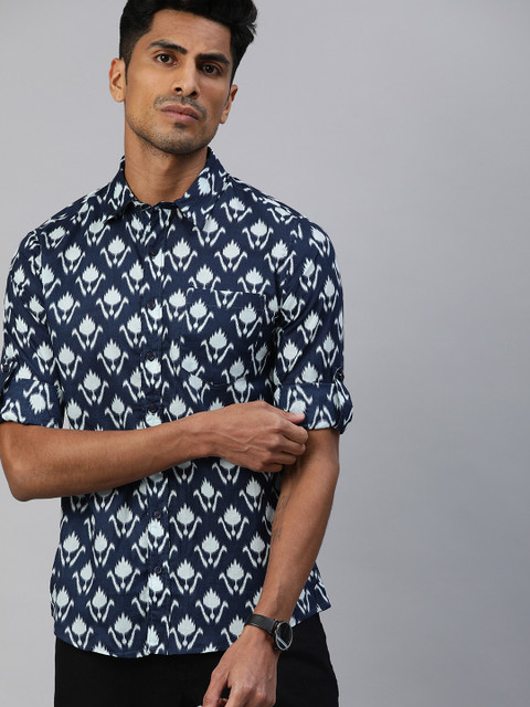 

Anouk Men Navy Blue & White Regular Fit Ethnic Printed Casual Cotton Shirt