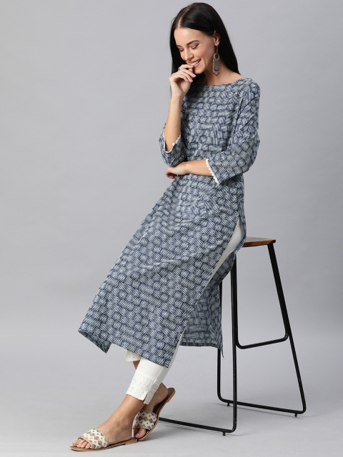 

Anouk Women Navy Blue & White Printed Straight Kurta