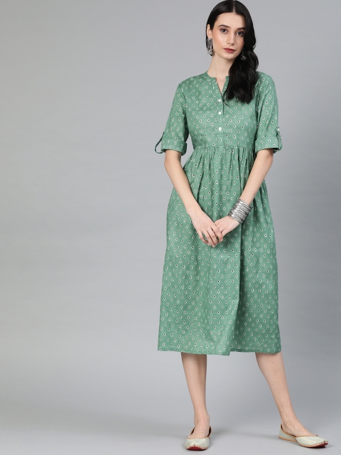 

Anouk Women Sea Green & Black Printed A-Line Fusion Kurta with Gather Detail